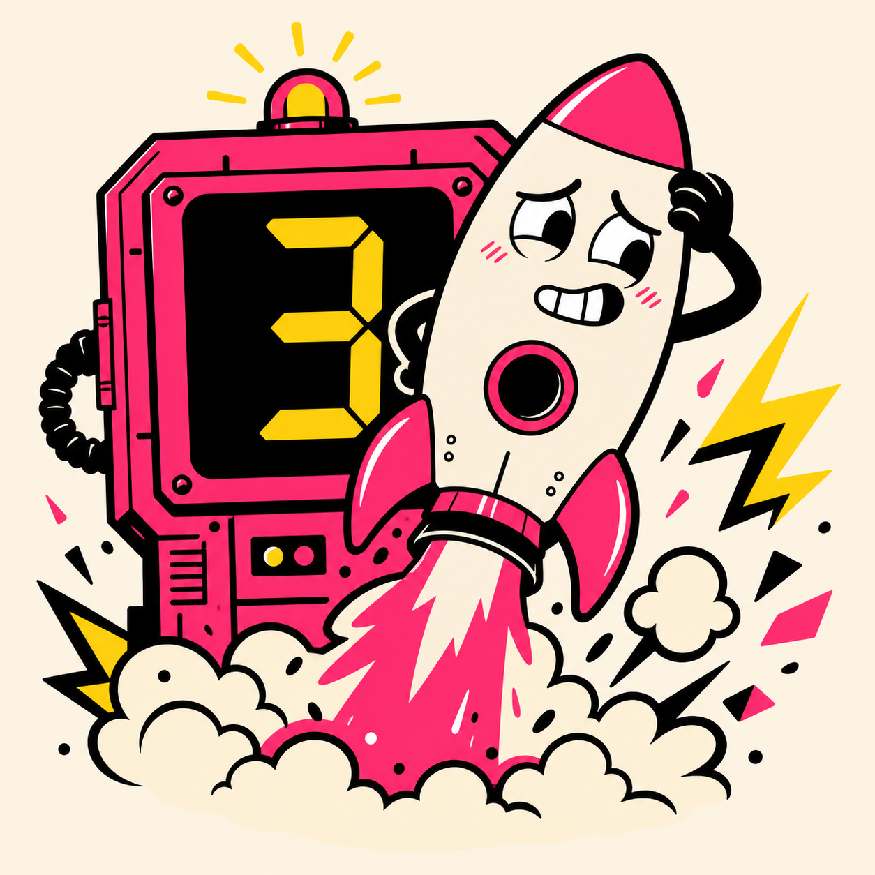 A nervous rocket launching while the countdown still shows three
